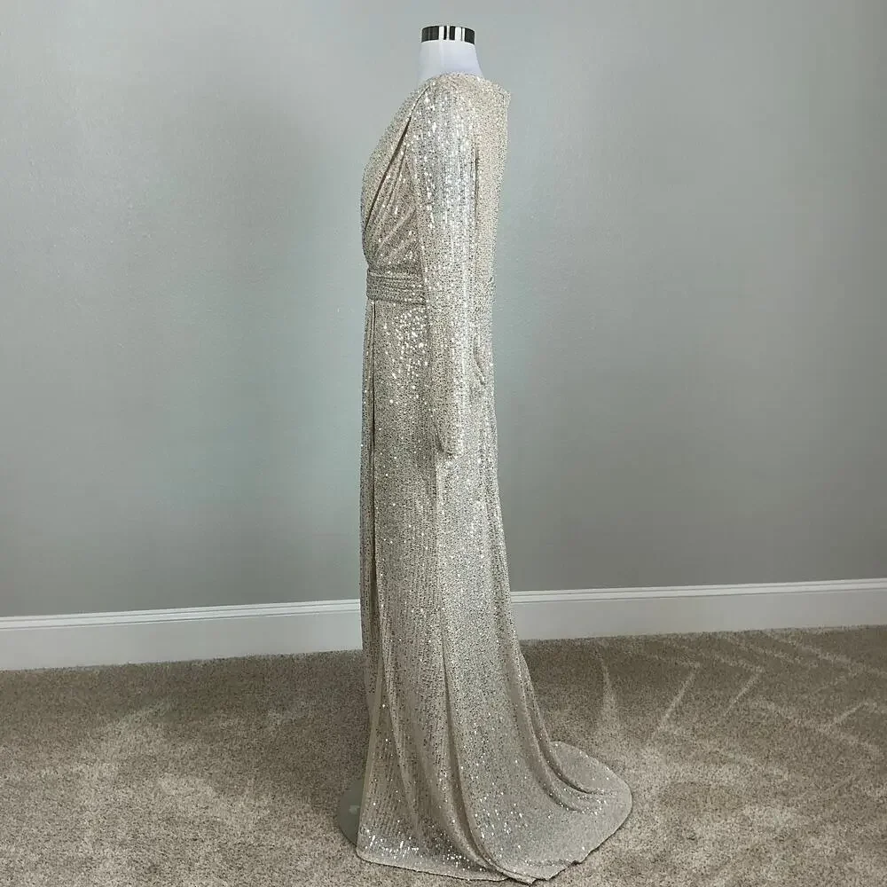 Mac Duggal 26490 Champagne Gold Evening Gown Sequined Long Sleeve Dress Size 16